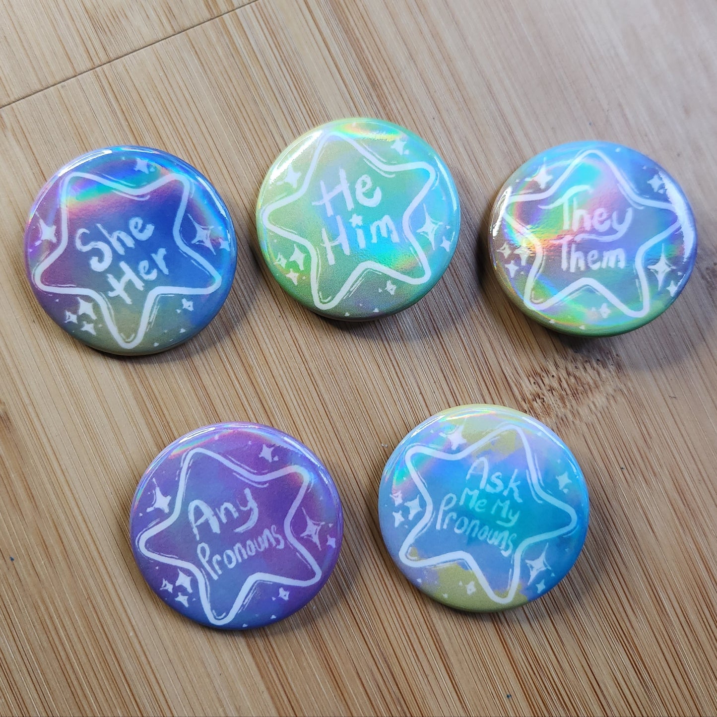Pronoun Pin Holographic Buttons