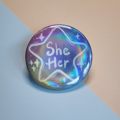 Pronoun Pin Holographic Buttons